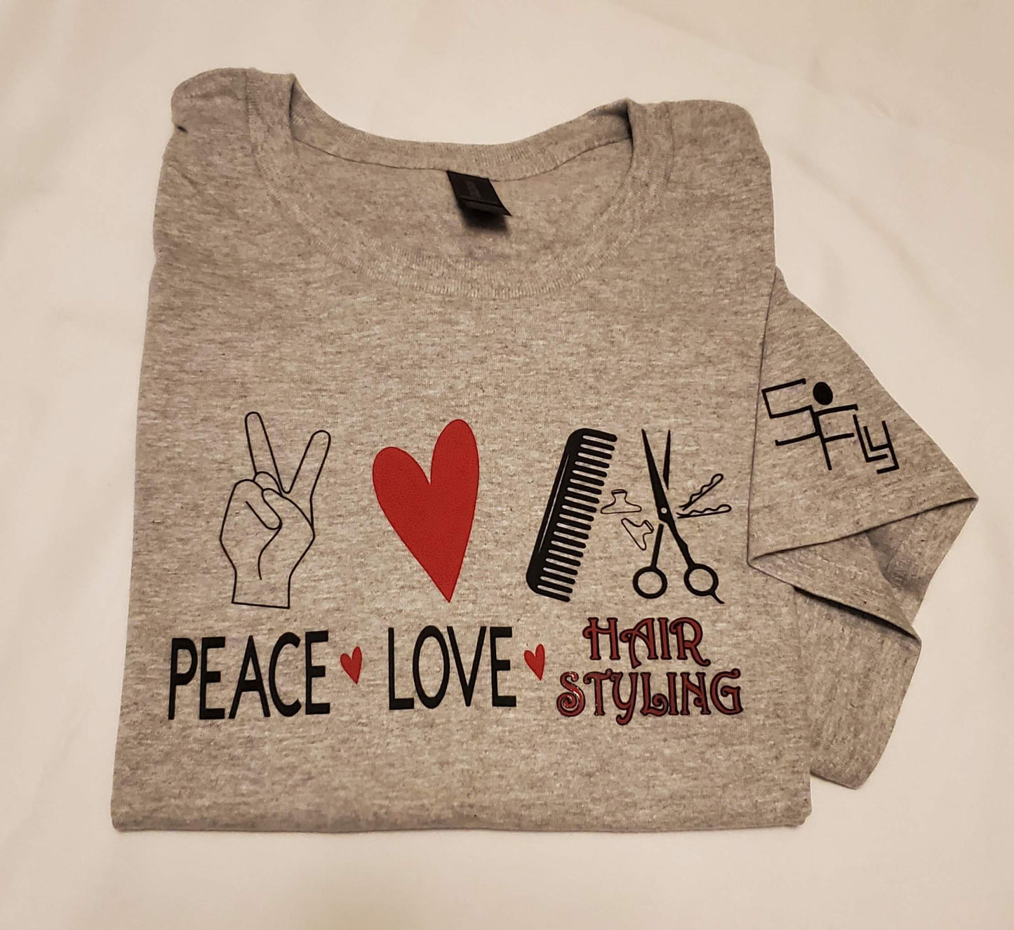 COSMETOLOGY T-SHIRT peace, love, hair styling