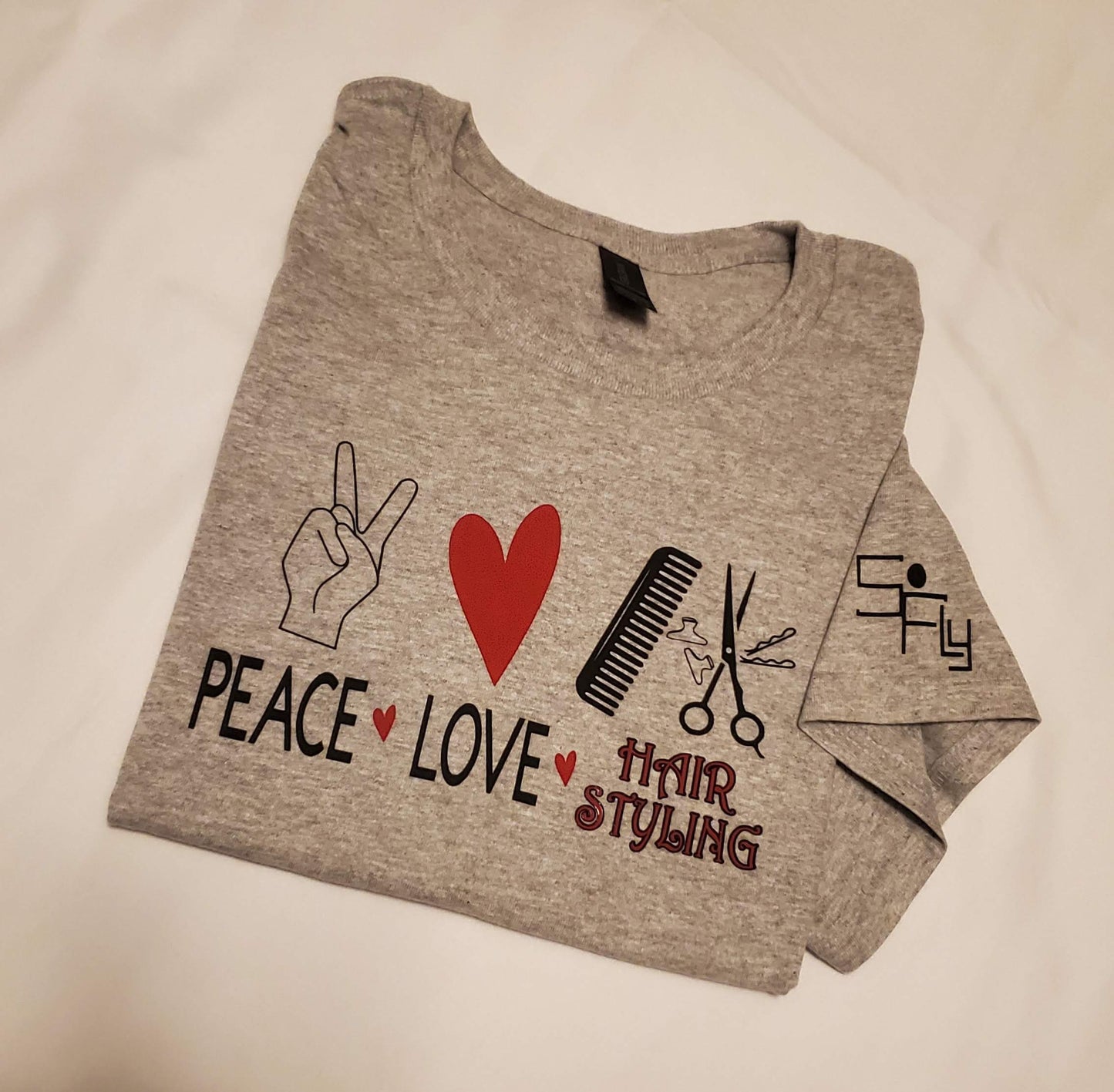 COSMETOLOGY T-SHIRT peace, love, hair styling