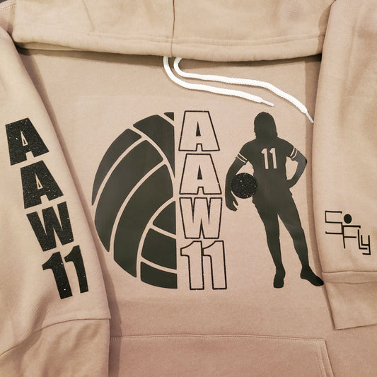 SoFly VOLLEYBALL HOODIE 1/2 ball, initials & silhouette w/glitter